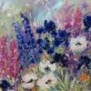 Mixed border with Irises and Delphiniums - Mixed media on canvas- 80 x 100c