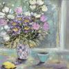 Lisianthus and Daisy Vase with Lemons - Mixed media on Wood - 60 x 60 cm